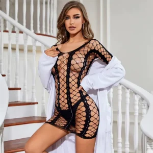 Black Lace Seductive Women’s Underwear Stockings Full Fishnet No Crotch Suspender One Size ODM Hole Rivet Ruffles