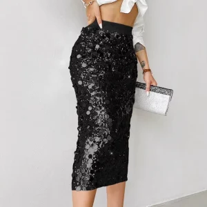 Black Midi Skirt With Sequins for Women Winter Spring Elastic Waist A line Office Wear Ladies Sequin Skirt Midi