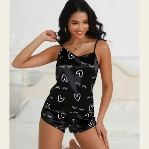 Black Printed Women’s Pajama Set Smooth and Breathable Summer Camisole and Shorts Two Piece Loungewear