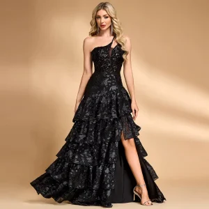 Black Sequin Tiered Evening Dress One Shoulder High Slit Floor Length Formal Prom Gown for Women