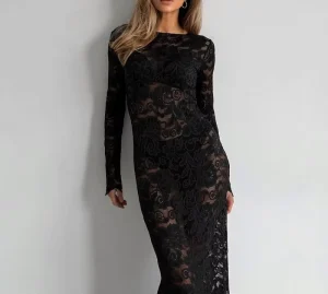 Black Sexy Lace Mermaid Maxi Dress Slim Fit Long Sleeve High Waist Women’s Spring Autumn Breathable O Neck Bodycon Dress