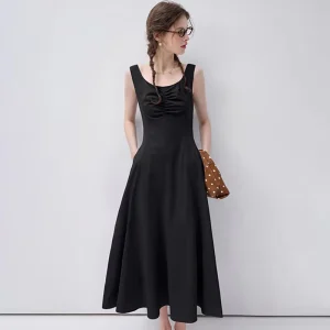 Black Sleeveless Maxi Dress For Women With Square Neckline Ruched Bust And High Waist A Line Casual Summer Dress