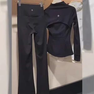 Black Solid Casual Cotton Sportswear Set Women Spring/Autumn Running Yoga Long-Sleeve Slimming 2-Piece Top Pants