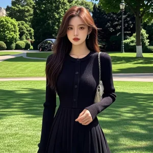Black Solid Thick Knitted Dress Autumn Women’s Elegant Waist Single-Breasted Long-Sleeved Crew Neck Pleated Skirt