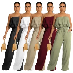 Black White Solid Strapless Straight Ladies Jumpsuits Casual Loose Ruffled Jumpsuits Elegant Wide Leg Jumpsuit Women
