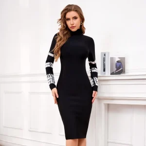 Black Winter Bandage Dress Long Sleeve High Neck Midi Shiny Diamond Rhinestone Sequined Pencil Party Evening Formal Women’s Gown