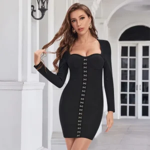 Black Winter Bandage Dress Long Sleeve Mini Square Sweetheart Padded Bra Pencil High Waist Metal Party Wear Cocktail Club Night
