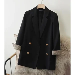 Black Wool Silk Women’s Korean Style Loose Flap Sleeve Blazer Double Breasted Fashion Simple Commuting Suit