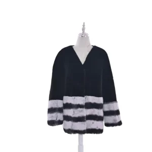 Black Woven Windproof Faux Rabbit Fur Striped Short V-neck Winter Women’s Jacket