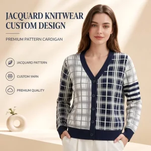 Black and White Design Plaid Casual Women’s Cardigan with V Neck and Long Sleeve All Seasons Warm Crocheted Button Anti Wrinkle