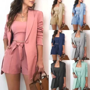 Blazers Women Suits Office Wear Solid Color Three Piece Suit Blazer Coat Pants Suit Short Set Blazers Ladies Women 8230271