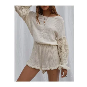 Boat Neck Crochet Lace Trim Long Sleeve Cotton Gauze Boho Women’s Romper