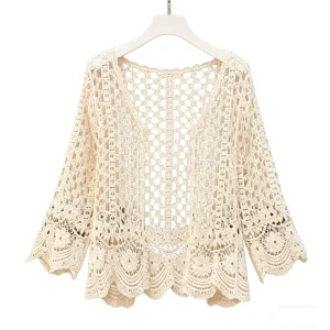 Bohemian Hollow Out Knit Cardigan Women’s Long Sleeve Crochet Lace Cover Up Versatile Beachwear For Summer Vacation