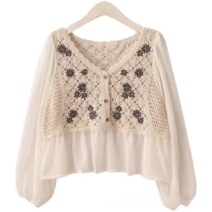 Bohemian Style Women’s Crochet Chiffon Blouse Long Sleeve Sexy Top with Butterfly Embroidery Breathable Polyester for Summer