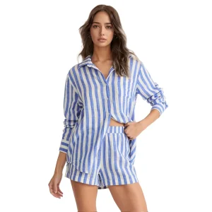Boho Style Women’s Blue White Striped Rayon Shirt Shorts Set