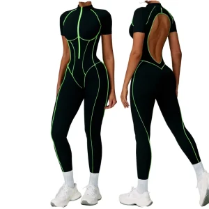 Bold Trim Fits All Women’s Bodysuit & Playsuits One Piece Sport Fitness Romper Contrast Binding Short Sleeve Gym Yoga Jumpsuit