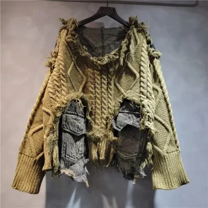 Boutique Autumn New Fashionable Personalized Splicing Denim Round Neck Long Sleeve Women’s Sweater