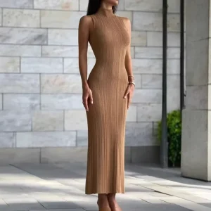 Boutique Summer New Fashionable French Knitted Stand Collar Sleeveless Tight Women’s Dress
