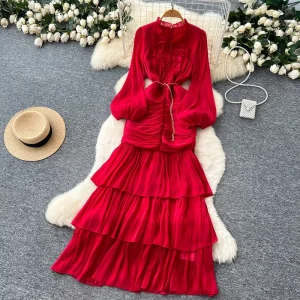 Boutique Summer New Fashionable French Lace Splicing Waist Lantern Sleeve Ruffle Edge Women’s Dress