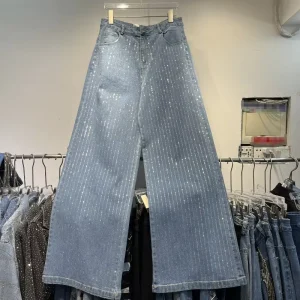 Boutique Summer New Fashionable Striped Rhinestone Straight Tube Slimming Versatile Women’s Jeans