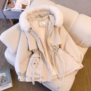 Boutique Winter Waist Fur Decoration Hooded Winter Parka With Plush Thickened Women’s Jacket