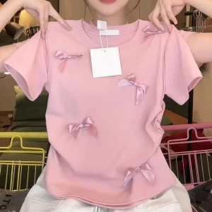 Bow Tops for Women Slim-fit Women’s Clothing Fashionable Short-sleeved Blouse