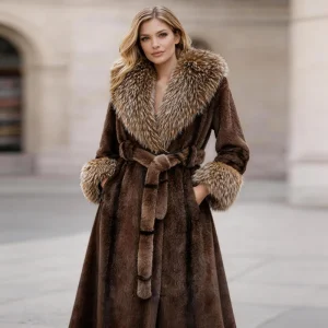 Boying Women’s Winter Long Thick Faux Fur Coat Trench Coat Eco Friendly V Neck Button Front Golden Mink Velvet Outerwear