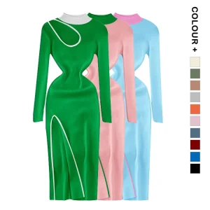 Brand New Custom Women’s Elegant Knit Jumper Dresses With Crew Neck Front Logo Patchwork Pattern Vintage Hollow Sorority Dresses
