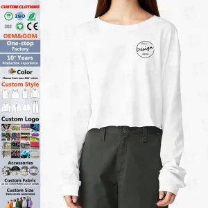 Breathable Custom Women’s Long Sleeve Crew Neck Crop Top Slim Fit Solid Tee Shirt With Custom Screen Printing Logo