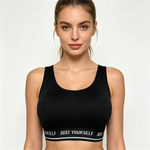 Breathable Elastic Seamless Rib Fabric Letter Printed Underband Wide Shoulder Strap Wireless Sports Tank Bra Ladies Casual
