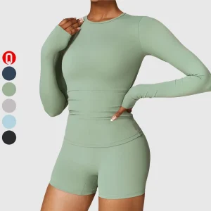 Breathable Four Way Stretch Workout Clothing Sets Fitness Long Sleeve Gym Top Shorts Front Women’s High Quality Two