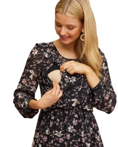 Breathable Printed Maternity Clothing Long Sleeves Zip Front Nursing Friendly Casual Sheer Ruffle Breastfeeding Dress