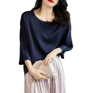 Breathable Quick Dry Casual Silk Satin Women’s Round Neck Loose Solid Color Half Sleeve T Shirt