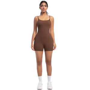 Breathable Solid Halter Yoga Shorts Jumpsuit Elastic Waist Spandex Nylon Material Nude Look 1 Piece Seamless Wrinkle Resistant