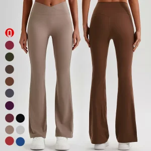 Breathable Solid High Waisted Yoga Pants Spandex Nylon Push Up Gym Workout Casual V Shaped Elastic Waist Women’s Flared Leggings