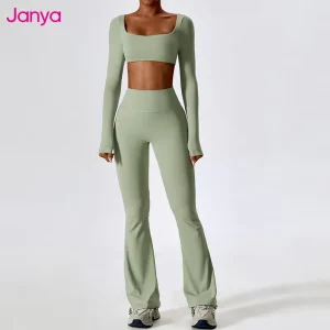 Breathable Sports Solid Women’s Gym Fitness Sets Quick Dry Long Sleeve Yoga Crop Top Flare Yoga Leggings 2 Piece Set