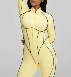 Breathable Women’s One Piece Bodysuits Contrast Stitching Front Zipper Yoga Jumpsuit Women Gym Fitness Jumpsuit Rompers