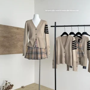 British Style V-Neck Striped Above Knee Knitted Sweater Women’s Autumn Short
