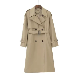 British Style Women’s Trench Coat With Double Breasted Waistband And Large Pocket Design Long Jacket Coat