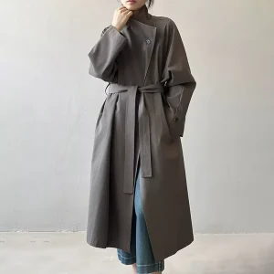 British Style Women’s Trench Coat With Waistband and Large Pocket Design Long Jacket Coat