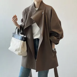 British Style Women’s Trench Coat With Waistband and Large Pocket Design Long Jacket Coat
