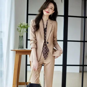 Brown Women’s Two Piece Suit Spring Autumn New Style Professional Formal Wear Slim Design with Button Decoration Goddess Fashion