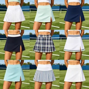 Bulk ODM Tennis Skirts High Waist Pleated Side Slit Plaid Stripe Print Multi Color Quick Dry Breathable Women’s Tennis Skirts