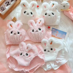 Bunny Underwear Sets Cute Plush Bra Winter Cartoon Large Size Wireless Rhinestone Strap Plush Fabric Bra Set