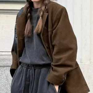 Business Like Ladies Blazers Fashion Women’s Oversized Brown Suede Blazer Jacket Single Breasted Closure Breathable for Winter