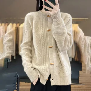 Button 100 Women’s Sweaters Wool Sweater Wool Cardigan Unique Design Crew Neck Knit Casual Winter Clothes for Women Thick 7GG