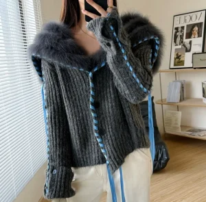 Button Design Knitted Fox Fur Leather Collar Short Knitted Cardigan Women’s Sweater Vest Overcoat Coat