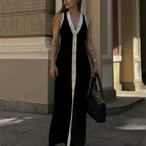 Button Minimalist Clashing Colours Women’s Knitted Vest Dress Sleeveless Casual Dresses