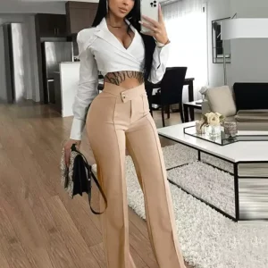 C230135 Daily Stretch Fabric Zipper Fly Long Straight Pants Solid Formal Trousers Women’s Clothing