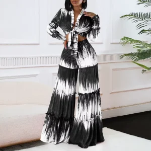 C8598 Trendy Fall Outfits for Women Printed Strap Long Sleeve Top and High Waist Wide Leg Pants Two Piece Set Women Clothing